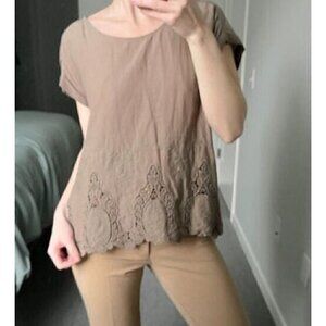Anthropologie Brown Pleione Short Sleeve Lace High Low Top Blouse women's Medium